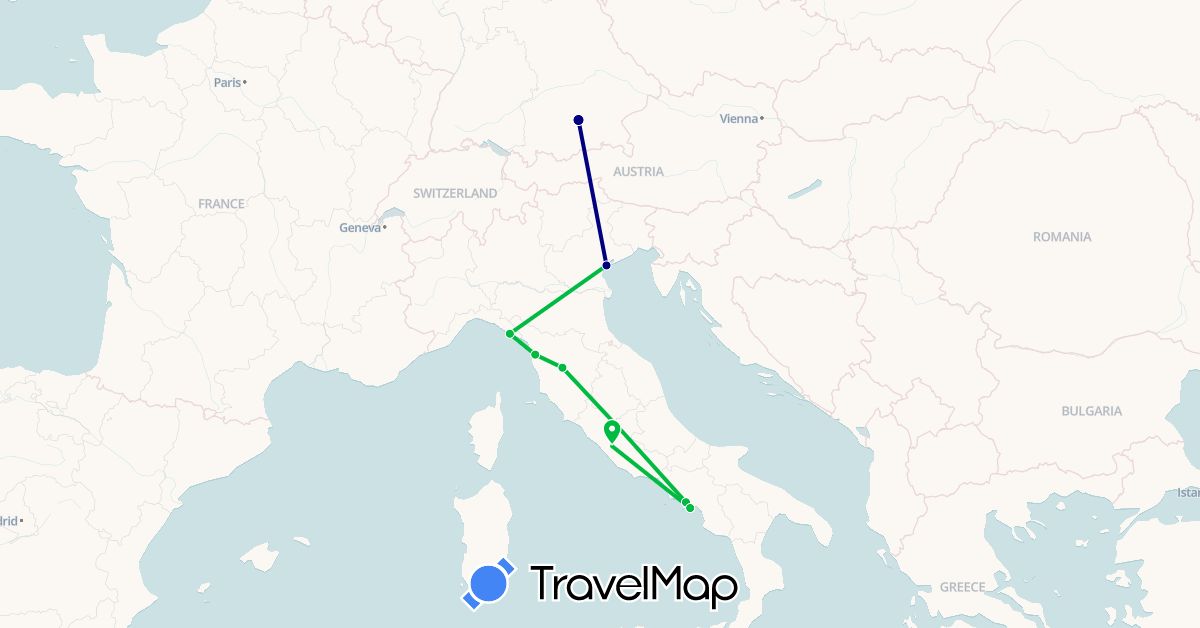 TravelMap itinerary: driving, bus in Germany, Italy (Europe)